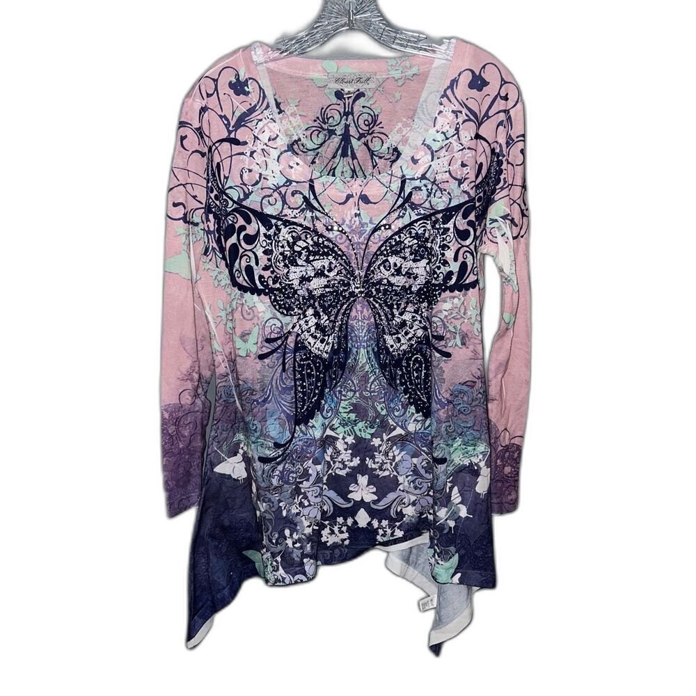 Y2K Butterfly Long Sleeve Handkerchief Hem Fairy Top